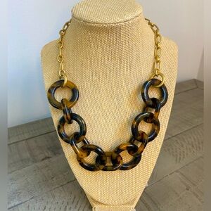 J. Crew Tortoise Shell Acrylic Link Loops Gold Tone Chain Statement Necklace 18”